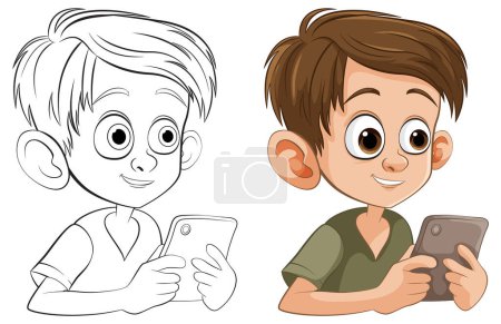 Black and white and colored illustrations of a boy with a tablet.