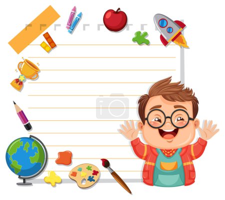 Illustration for Cheerful boy surrounded by school items and art supplies. - Royalty Free Image
