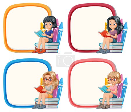 Four cartoon kids reading books, framed separately
