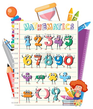 Animierte Zahlen und Lehrer auf einem Notizbuch-Hintergrund.