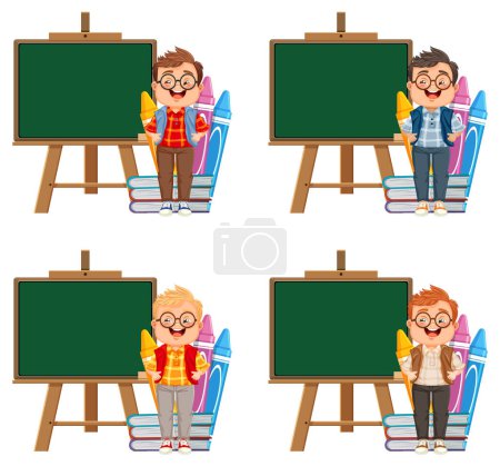 Vier Szenen eines Lehrers mit verschiedenen Tafeln.
