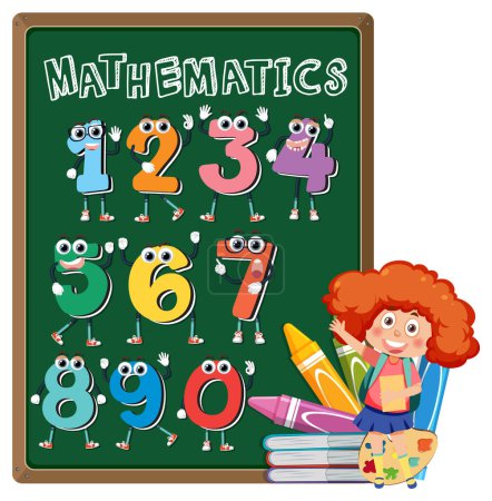 Colorful illustration of numbers and teacher at blackboard