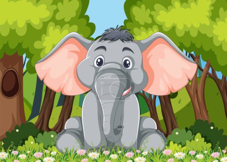 Téléchargez les illustrations : Joyeux éléphant dessin animé assis parmi les arbres - en licence libre de droit