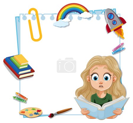 Young girl reading, surrounded by creative elements.