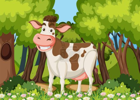 Téléchargez les illustrations : Une vache joyeuse debout parmi les arbres verts - en licence libre de droit