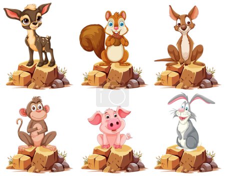 Illustration for Six animated animals sitting on tree stumps. - Royalty Free Image