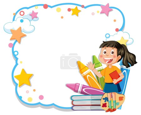 Téléchargez les illustrations : Fille heureuse lisant sur une pile de livres colorés. - en licence libre de droit