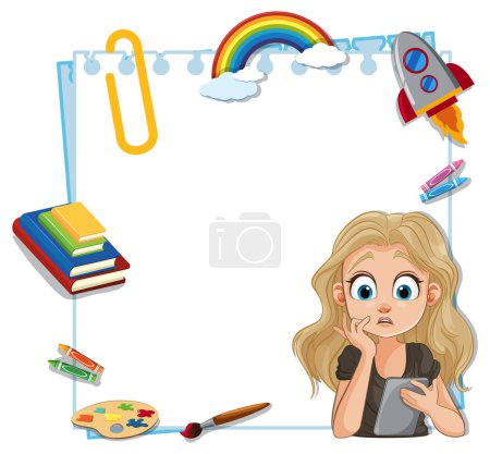 Ilustración de Pensive girl surrounded by symbols of creativity - Imagen libre de derechos