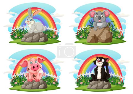 Téléchargez les illustrations : Quatre animaux de dessin animé assis sous les arcs-en-ciel. - en licence libre de droit