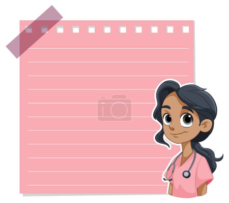 Illustration for Cartoon nurse smiling beside a notepad - Royalty Free Image