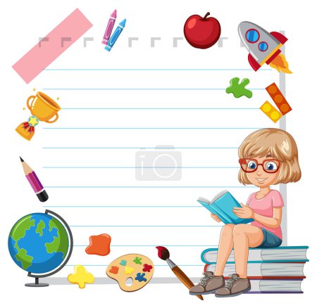 Ilustración de Chica libro de lectura rodeado de iconos educativos - Imagen libre de derechos