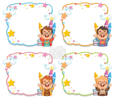 Ilustración de Cuatro marcos festivos con un niño de dibujos animados y decoraciones. - Imagen libre de derechos