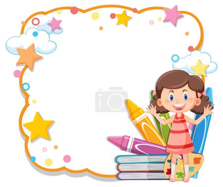 Cheerful young girl sitting on a stack of books.