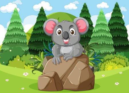 Téléchargez les illustrations : Un koala heureux assis sur un rocher à l'extérieur - en licence libre de droit