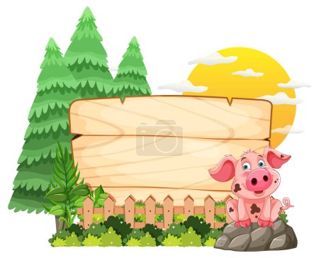 Téléchargez les illustrations : Dessin animé cochon assis par un panneau en bois vierge. - en licence libre de droit