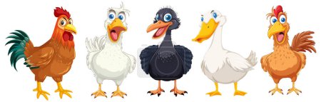 Ilustración de Cinco aves diferentes de pie en una fila. - Imagen libre de derechos