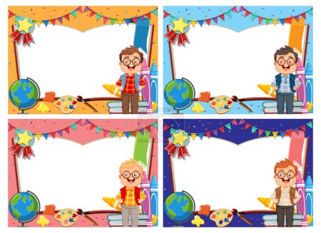 Four scenes of students in a vibrant classroom setting.