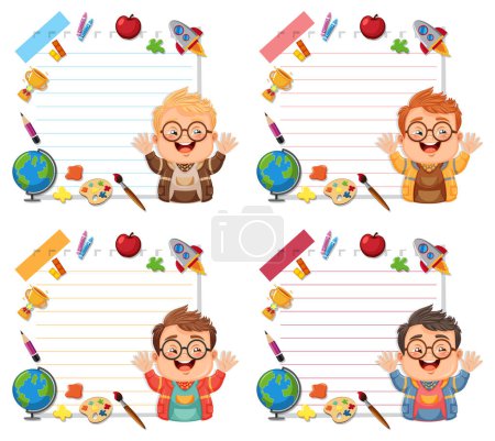 Ilustración de Cuatro cuadros de estudiantes felices con herramientas educativas. - Imagen libre de derechos