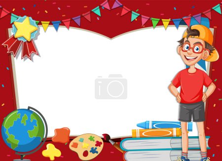 Cheerful young boy surrounded by educational items.