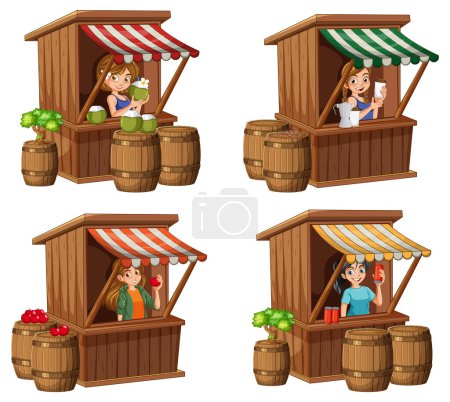 Ilustración de Cuatro escenas de vendedores vendiendo en puestos de madera - Imagen libre de derechos