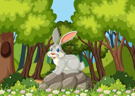 Ilustración de Un conejo feliz sentado sobre rocas entre árboles. - Imagen libre de derechos