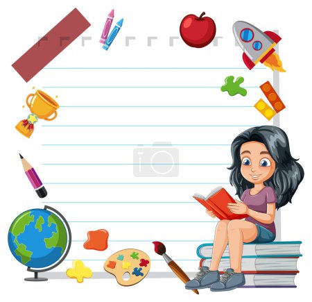 Girl reading book surrounded by educational icons