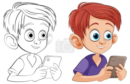 Téléchargez les illustrations : Illustration of a boy holding a tablet, colored and sketched. - en licence libre de droit