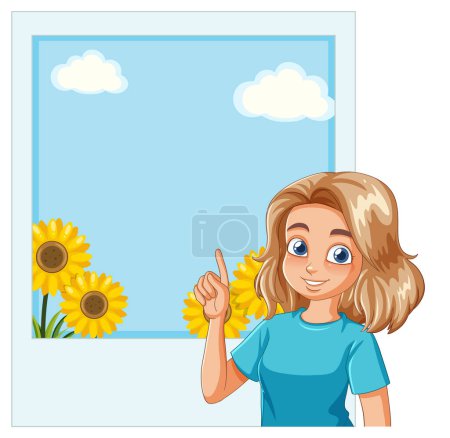 Téléchargez les illustrations : Animée fille pointant vers tournesols dans un cadre - en licence libre de droit