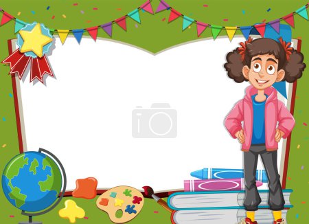 Illustration for Young student smiling among various learning materials. - Royalty Free Image