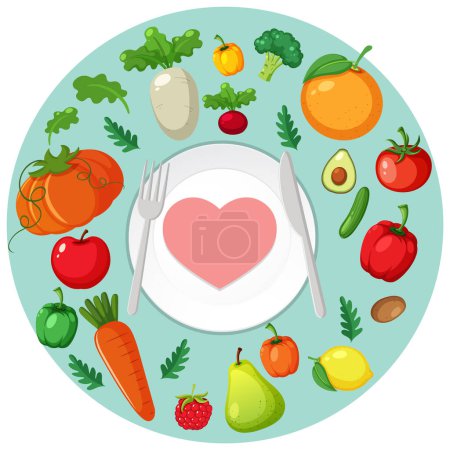 Colorful fruits and vegetables around a heart-shaped plate.