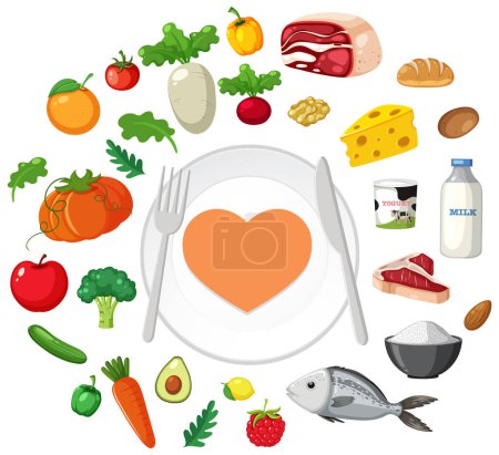 Assorted healthy food items around a heart-shaped plate.