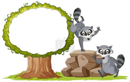 Two raccoons playing beside a lush tree.