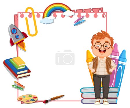 Illustration for Young boy surrounded by educational and creative icons. - Royalty Free Image