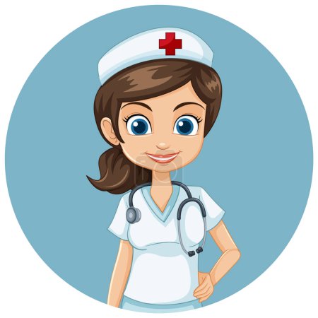 Enfermera de dibujos animados con estetoscopio sonriendo calurosamente.