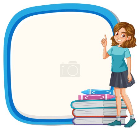 Cheerful young girl standing by a stack of books