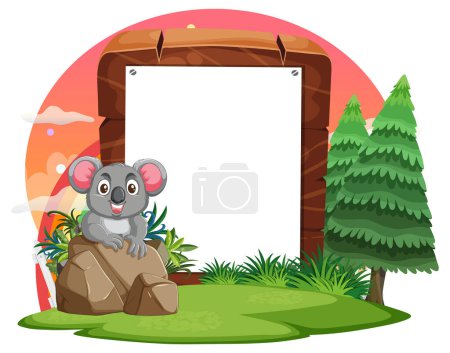 Téléchargez les illustrations : Cartoon koala assis à côté d'un panneau en bois à l'extérieur. - en licence libre de droit