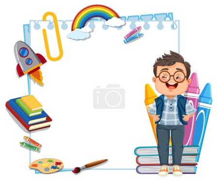 Illustration for Young boy with educational and creative objects around. - Royalty Free Image