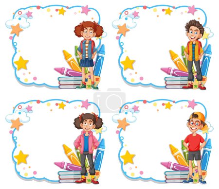Téléchargez les illustrations : Quatre étiquettes mettant en vedette des enfants avec des fournitures scolaires. - en licence libre de droit