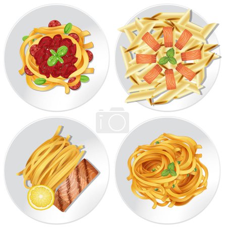 Ilustración de Cuatro platos de pasta diferentes ilustrados en círculos. - Imagen libre de derechos