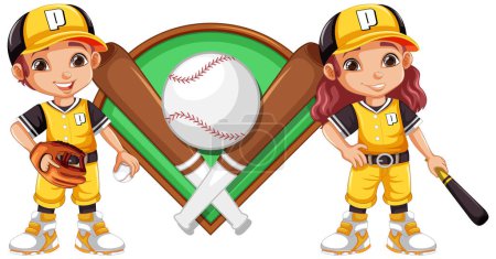 Illustration for Two young cartoon baseball players with equipment. - Royalty Free Image