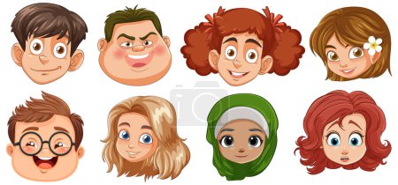 Téléchargez les illustrations : Collection de huit visages de personnages de dessins animés différents. - en licence libre de droit