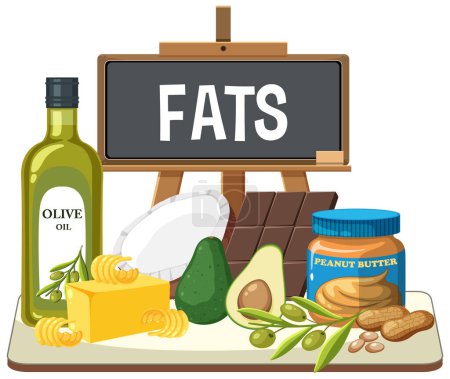 Illustration of healthy fats including oils and nuts.