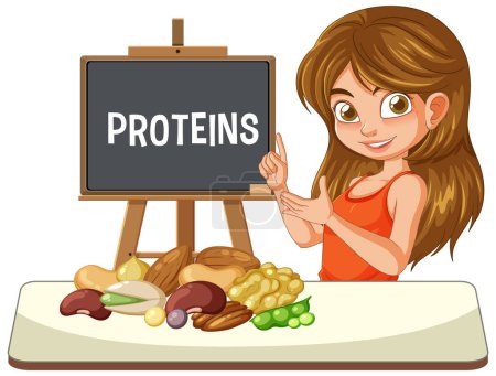 Ilustración de Mujer joven enseñando acerca de varias fuentes de proteínas - Imagen libre de derechos