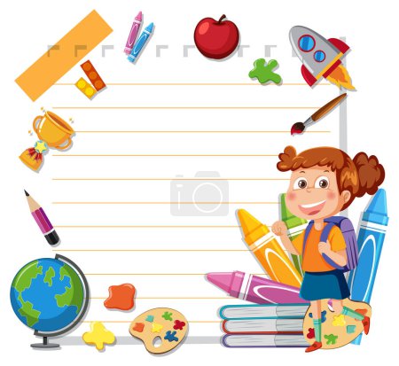 Illustration for Young girl with school supplies and blank paper. - Royalty Free Image