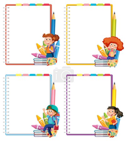 Ilustración de Cuatro diseños de cuadernos vibrantes con niños alegres. - Imagen libre de derechos