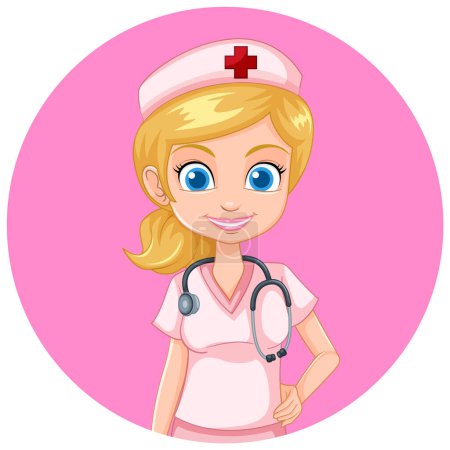 Ilustración de Enfermera de dibujos animados con estetoscopio sobre fondo rosa. - Imagen libre de derechos