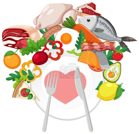 Ilustración de Variedad de alimentos dispuestos alrededor de un plato del corazón. - Imagen libre de derechos