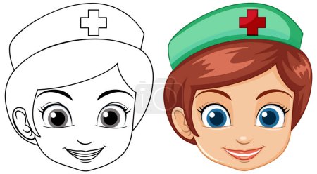 Two cartoon nurses, one colored and one line art.