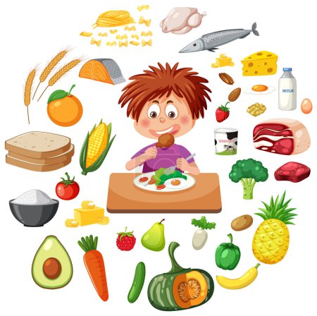 Young boy eating surrounded by various foods