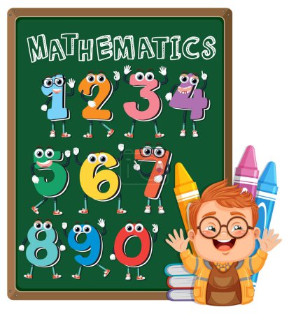 Cartoon boy with animated numbers on chalkboard
